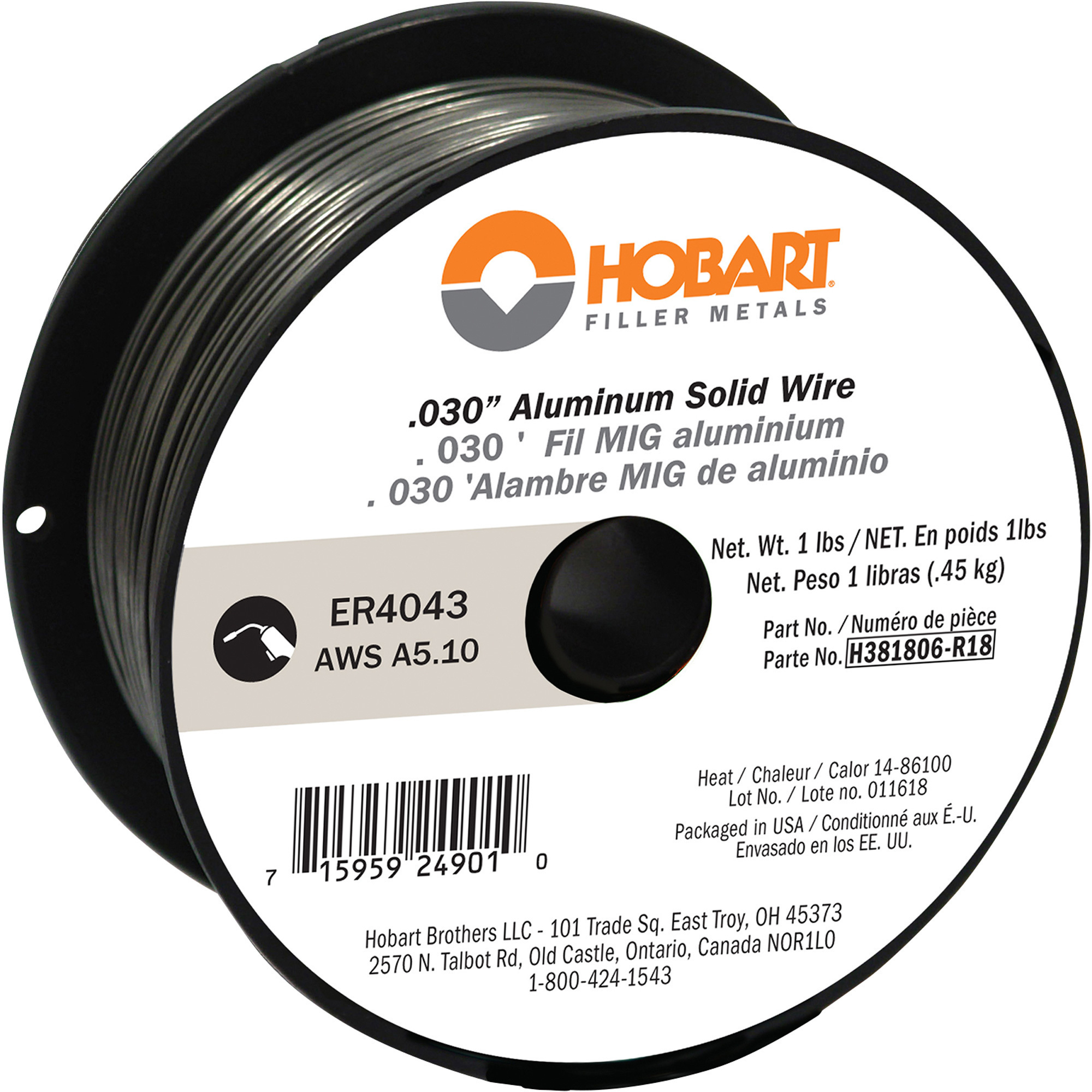 Hobart MIG Welding Wire, ER4043 Aluminum, .030in., 1-Lb. Spool, Model# H381806-R18